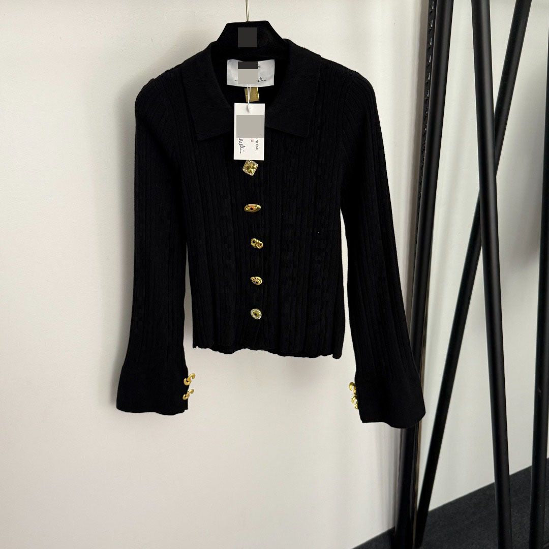 2025 High-End Gold Button Trumpet Long-Sleeved Lapel Knitted Cardigan Top 20256555