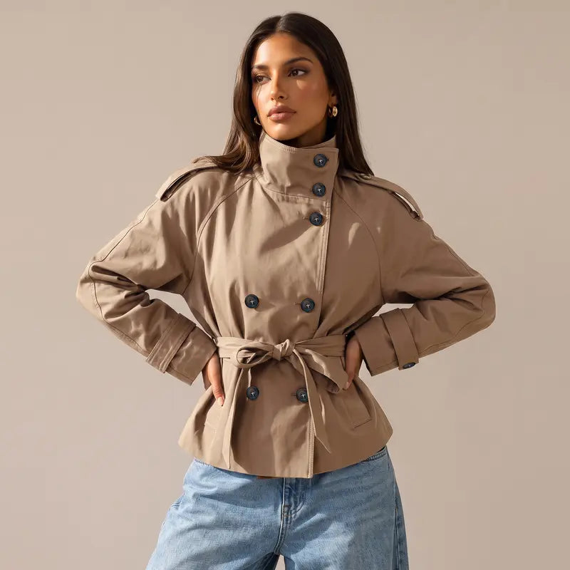 Katch Me Chic Women'S Versatile Stand Collar Button-Up Trench Coat with Detachable Waist Belt, Cozy Windproof Long Sleeve Outerwear for Fall & Winter, Commuter Solid Color Daily Outfit #Tiktokmademebuyit #Sohochic #Windbreaker