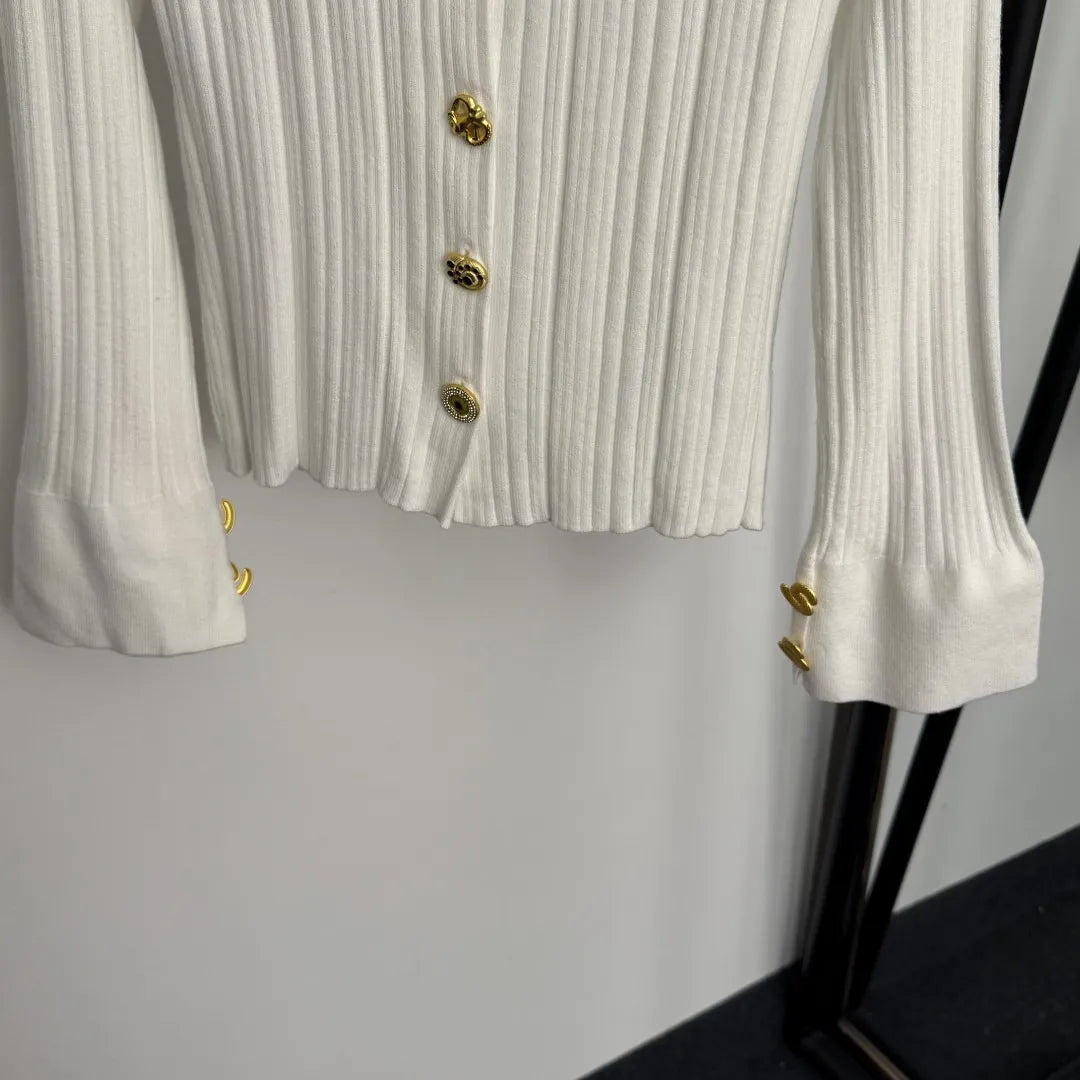 2025 High-End Gold Button Trumpet Long-Sleeved Lapel Knitted Cardigan Top 20256555