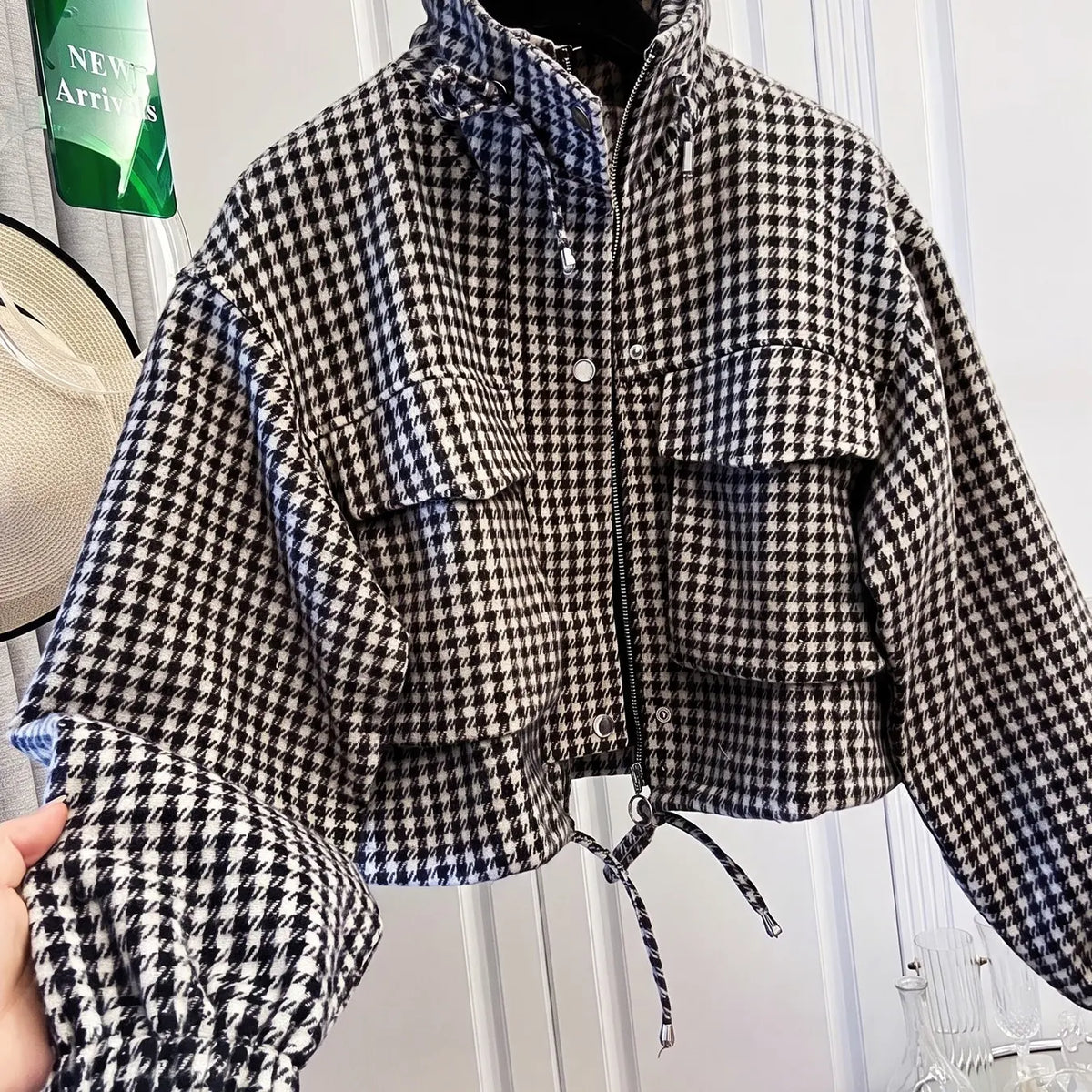 Women'S Fashion Retro Plaid Stand Collar Short Coat, Drawstring Design, Zipper Front, Perfect for Fall Winter Daily Holiday Outing