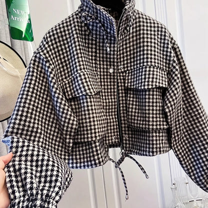 Women'S Fashion Retro Plaid Stand Collar Short Coat, Drawstring Design, Zipper Front, Perfect for Fall Winter Daily Holiday Outing