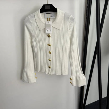 2025 High-End Gold Button Trumpet Long-Sleeved Lapel Knitted Cardigan Top 20256555