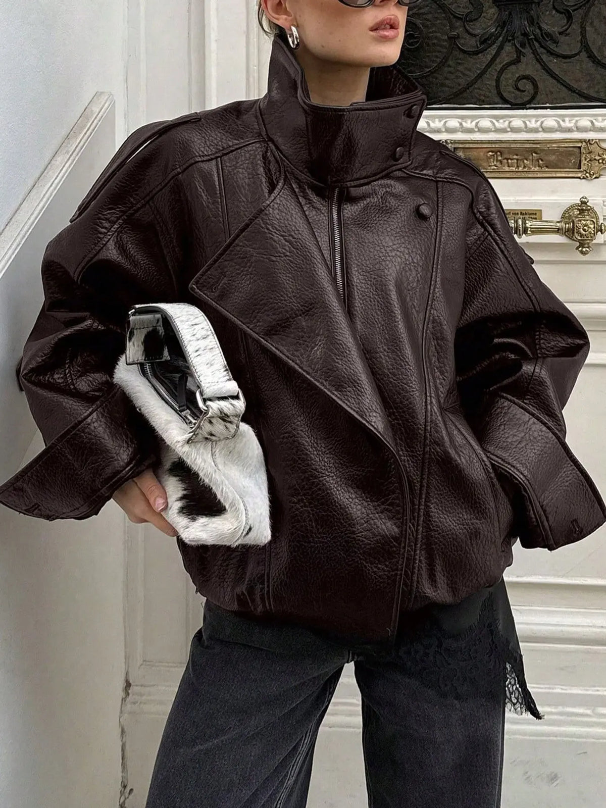 Women'S Fall & Winter Streetwear Coats, Casual Fashion Motorcycle Style Leather-Look Long Sleeve Jacket, Vintage Loose Fit, Stand Collar Asymmetrical Design, Multiple Colors Available