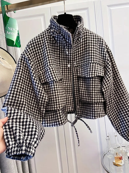 Women'S Fashion Retro Plaid Stand Collar Short Coat, Drawstring Design, Zipper Front, Perfect for Fall Winter Daily Holiday Outing