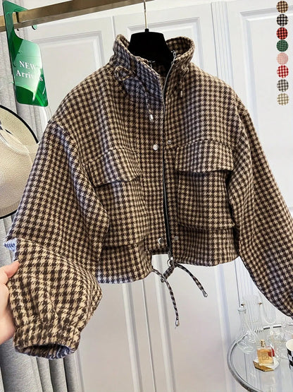 Women'S Fashion Retro Plaid Stand Collar Short Coat, Drawstring Design, Zipper Front, Perfect for Fall Winter Daily Holiday Outing