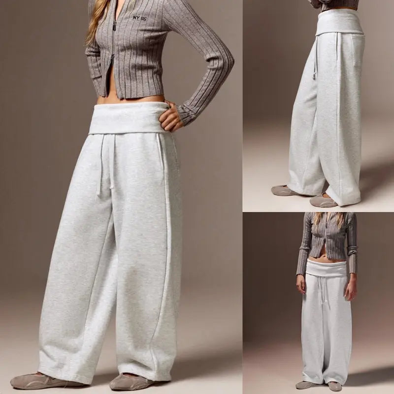 Yeezaa Fold over Sweatpants for Women 85% Cotton Fitness Clothing Wide Leg Trousers with Pockets High Waisted Drawstring Baggy Sweat Pant 2026 Fall Winter Fashion Clothing