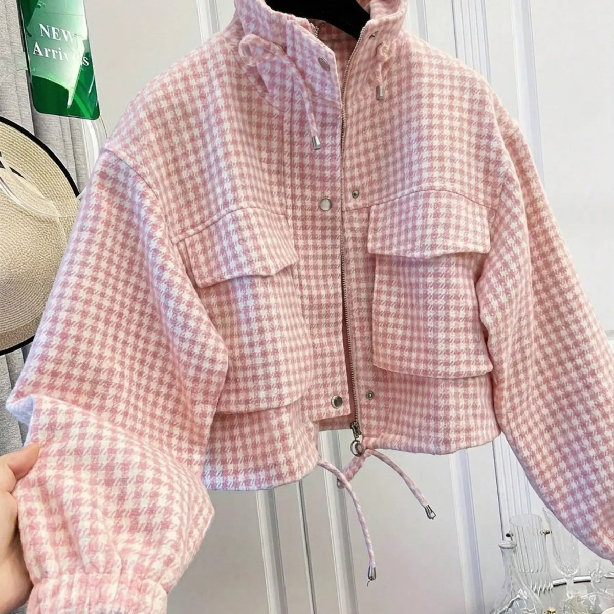 Women'S Fashion Retro Plaid Stand Collar Short Coat, Drawstring Design, Zipper Front, Perfect for Fall Winter Daily Holiday Outing