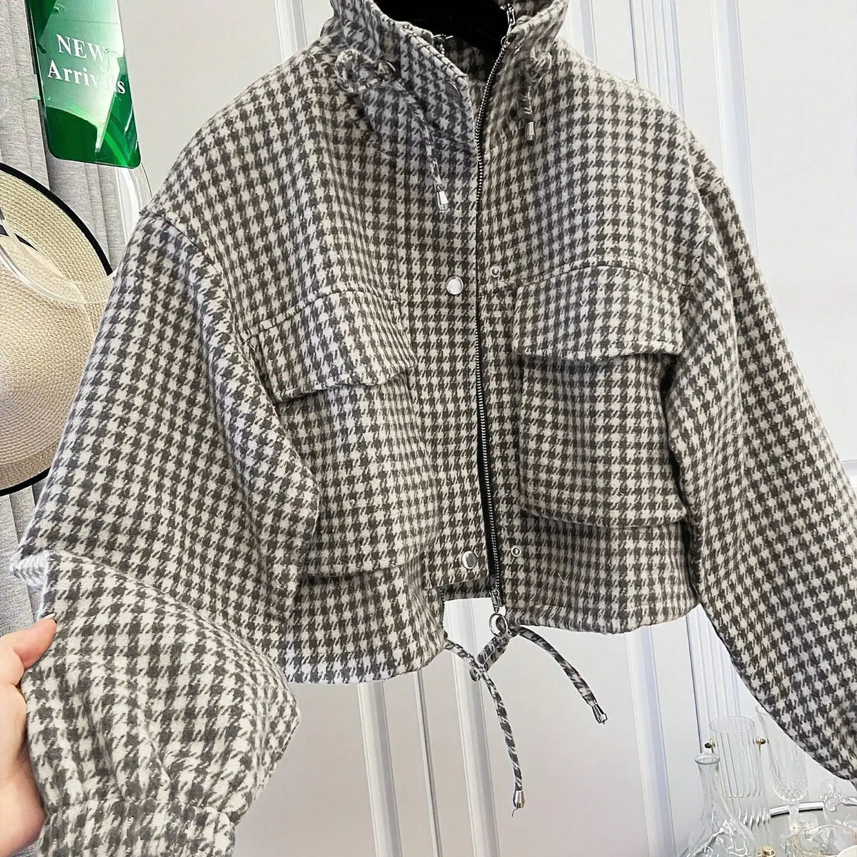 Women'S Fashion Retro Plaid Stand Collar Short Coat, Drawstring Design, Zipper Front, Perfect for Fall Winter Daily Holiday Outing