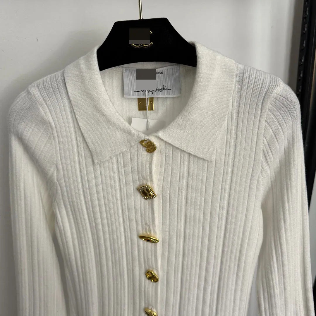2025 High-End Gold Button Trumpet Long-Sleeved Lapel Knitted Cardigan Top 20256555