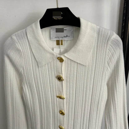 2025 High-End Gold Button Trumpet Long-Sleeved Lapel Knitted Cardigan Top 20256555