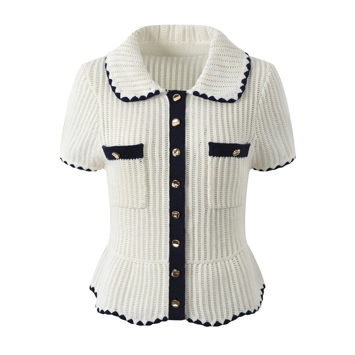 2026 Early Spring New Ruffled Lapel Single-Breasted Short-Sleeved Sweater Top