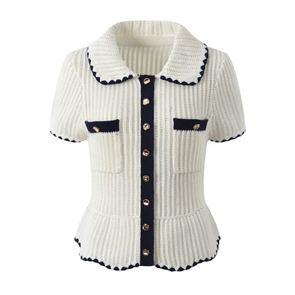 2026 Early Spring New Ruffled Lapel Single-Breasted Short-Sleeved Sweater Top