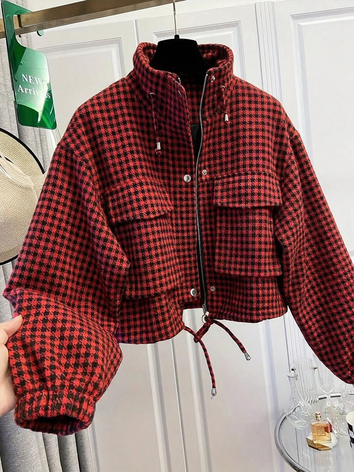 Women'S Fashion Retro Plaid Stand Collar Short Coat, Drawstring Design, Zipper Front, Perfect for Fall Winter Daily Holiday Outing