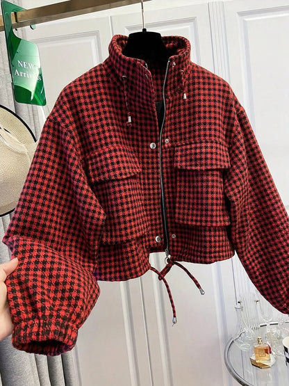 Women'S Fashion Retro Plaid Stand Collar Short Coat, Drawstring Design, Zipper Front, Perfect for Fall Winter Daily Holiday Outing