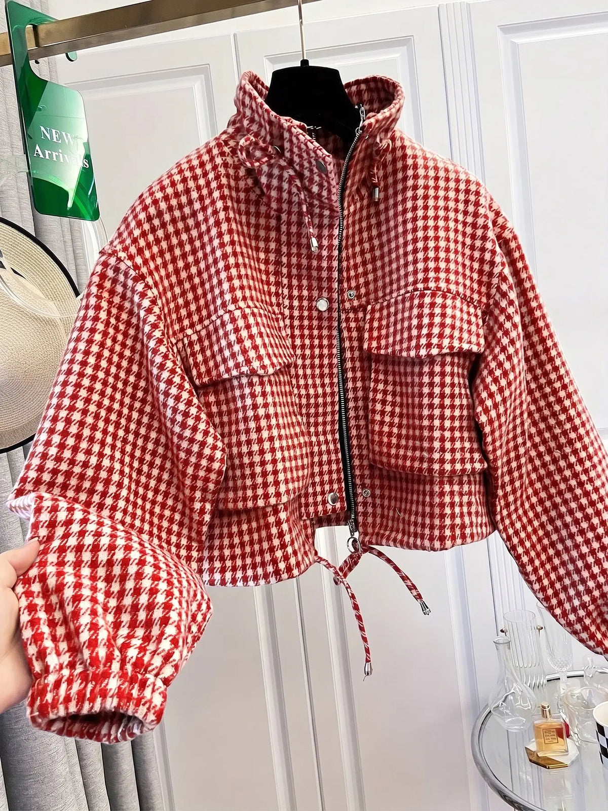 Women'S Fashion Retro Plaid Stand Collar Short Coat, Drawstring Design, Zipper Front, Perfect for Fall Winter Daily Holiday Outing