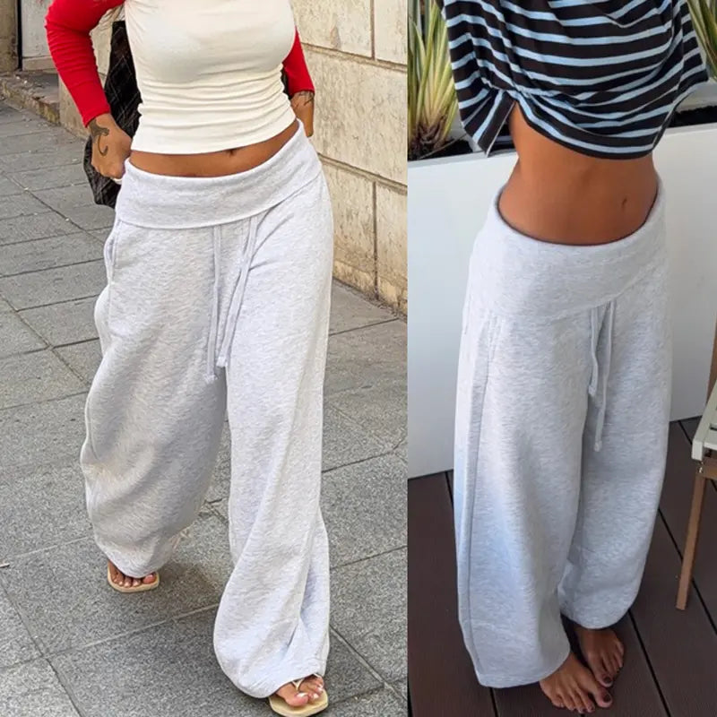 Yeezaa Fold over Sweatpants for Women 85% Cotton Fitness Clothing Wide Leg Trousers with Pockets High Waisted Drawstring Baggy Sweat Pant 2026 Fall Winter Fashion Clothing
