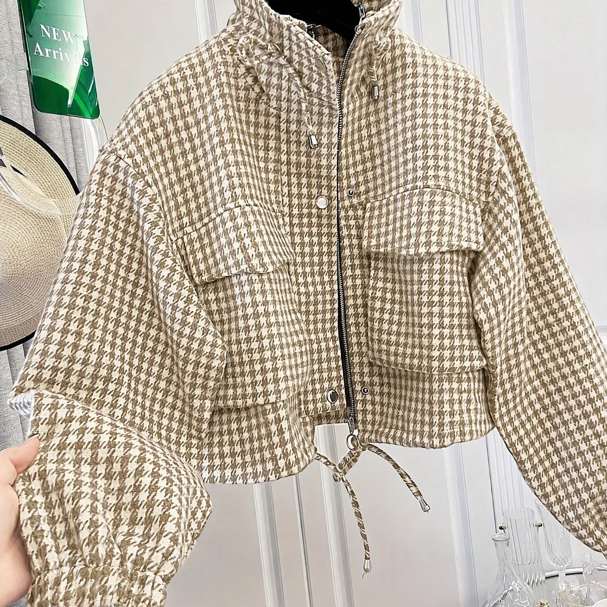 Women'S Fashion Retro Plaid Stand Collar Short Coat, Drawstring Design, Zipper Front, Perfect for Fall Winter Daily Holiday Outing