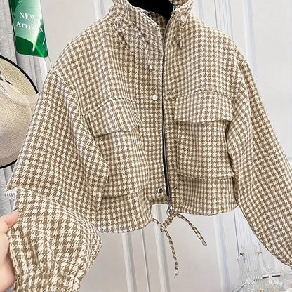 Women'S Fashion Retro Plaid Stand Collar Short Coat, Drawstring Design, Zipper Front, Perfect for Fall Winter Daily Holiday Outing