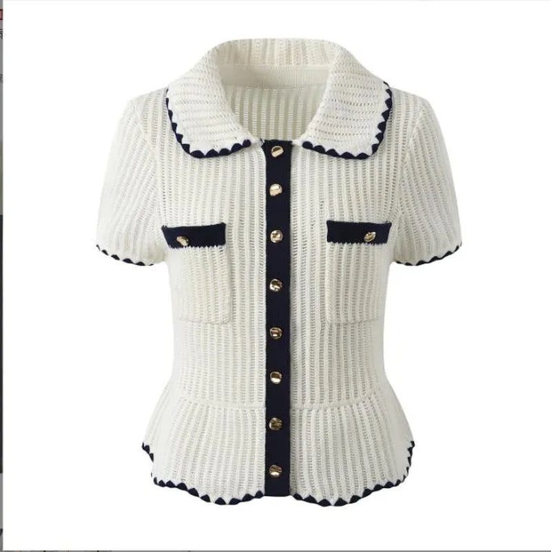 2026 Early Spring New Ruffled Lapel Single-Breasted Short-Sleeved Sweater Top