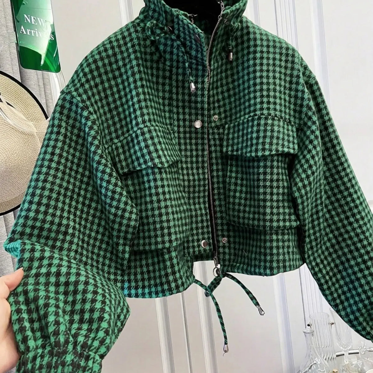 Women'S Fashion Retro Plaid Stand Collar Short Coat, Drawstring Design, Zipper Front, Perfect for Fall Winter Daily Holiday Outing