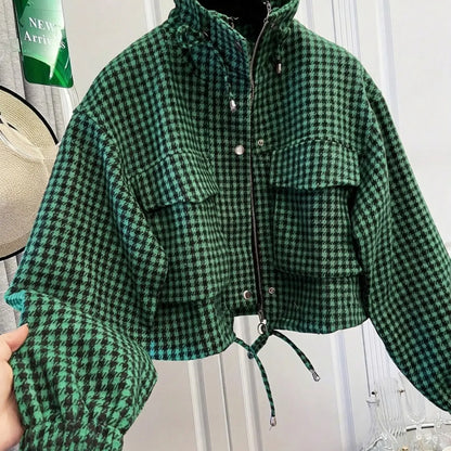 Women'S Fashion Retro Plaid Stand Collar Short Coat, Drawstring Design, Zipper Front, Perfect for Fall Winter Daily Holiday Outing