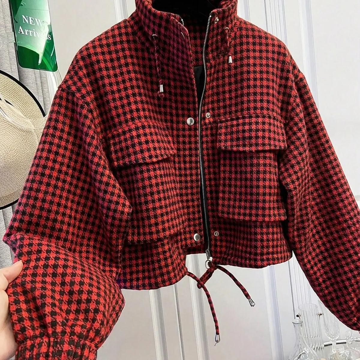 Women'S Fashion Retro Plaid Stand Collar Short Coat, Drawstring Design, Zipper Front, Perfect for Fall Winter Daily Holiday Outing