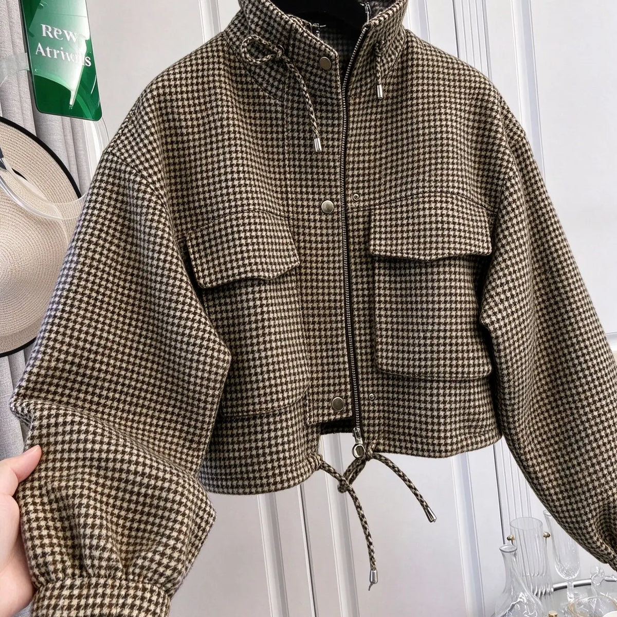 Women'S Fashion Retro Plaid Stand Collar Short Coat, Drawstring Design, Zipper Front, Perfect for Fall Winter Daily Holiday Outing