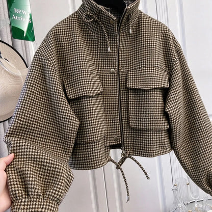 Women'S Fashion Retro Plaid Stand Collar Short Coat, Drawstring Design, Zipper Front, Perfect for Fall Winter Daily Holiday Outing