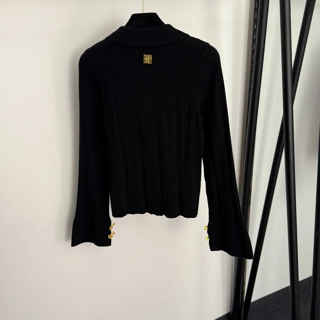2025 High-End Gold Button Trumpet Long-Sleeved Lapel Knitted Cardigan Top 20256555