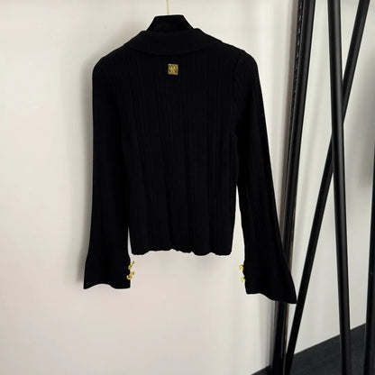 2025 High-End Gold Button Trumpet Long-Sleeved Lapel Knitted Cardigan Top 20256555