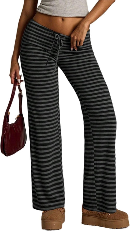 Women'S Flared Knit Pants High Waisted Wide Leg Striped Lounge Bottoms Soft Stretchy