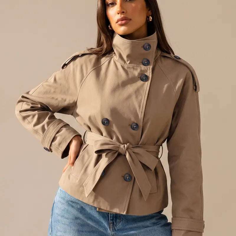 Katch Me Chic Women'S Versatile Stand Collar Button-Up Trench Coat with Detachable Waist Belt, Cozy Windproof Long Sleeve Outerwear for Fall & Winter, Commuter Solid Color Daily Outfit #Tiktokmademebuyit #Sohochic #Windbreaker