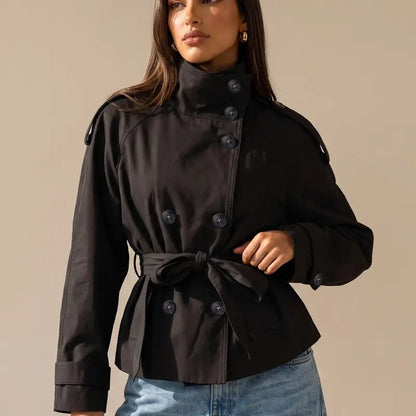 Katch Me Chic Women'S Versatile Stand Collar Button-Up Trench Coat with Detachable Waist Belt, Cozy Windproof Long Sleeve Outerwear for Fall & Winter, Commuter Solid Color Daily Outfit #Tiktokmademebuyit #Sohochic #Windbreaker