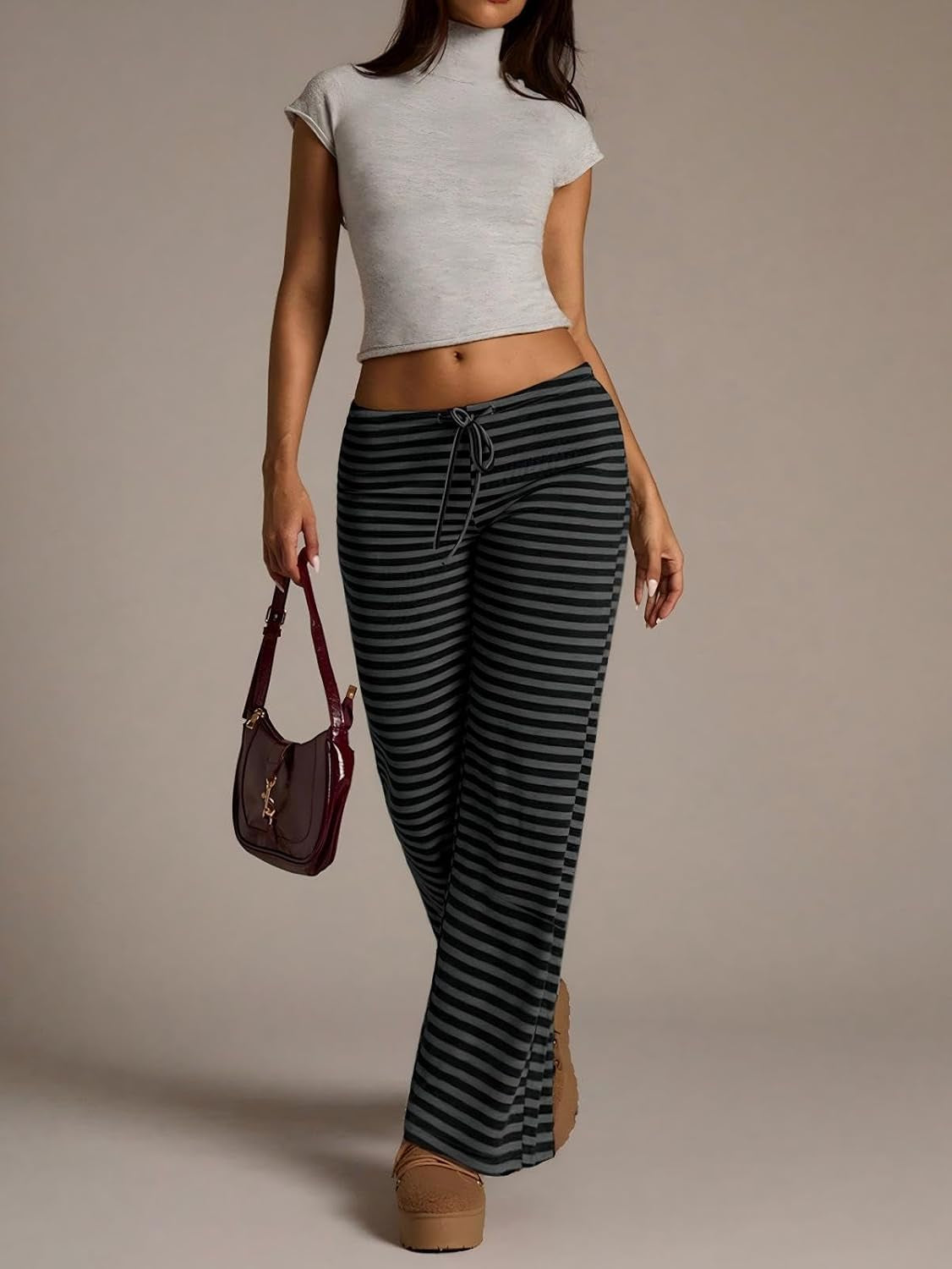 Women'S Flared Knit Pants High Waisted Wide Leg Striped Lounge Bottoms Soft Stretchy