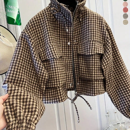 Women'S Fashion Retro Plaid Stand Collar Short Coat, Drawstring Design, Zipper Front, Perfect for Fall Winter Daily Holiday Outing