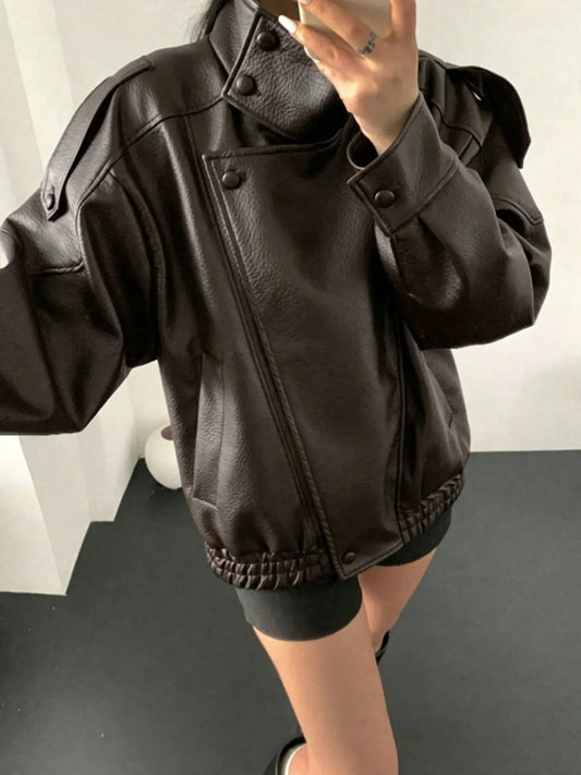 Women'S Fall & Winter Streetwear Coats, Casual Fashion Motorcycle Style Leather-Look Long Sleeve Jacket, Vintage Loose Fit, Stand Collar Asymmetrical Design, Multiple Colors Available