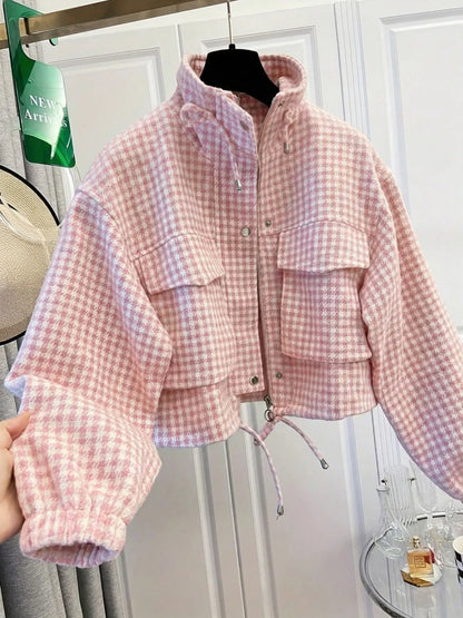 Women'S Fashion Retro Plaid Stand Collar Short Coat, Drawstring Design, Zipper Front, Perfect for Fall Winter Daily Holiday Outing