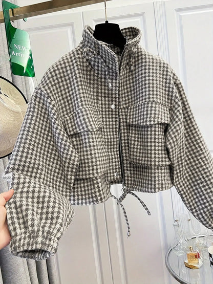 Women'S Fashion Retro Plaid Stand Collar Short Coat, Drawstring Design, Zipper Front, Perfect for Fall Winter Daily Holiday Outing