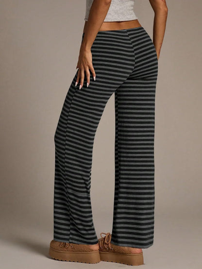 Women'S Flared Knit Pants High Waisted Wide Leg Striped Lounge Bottoms Soft Stretchy