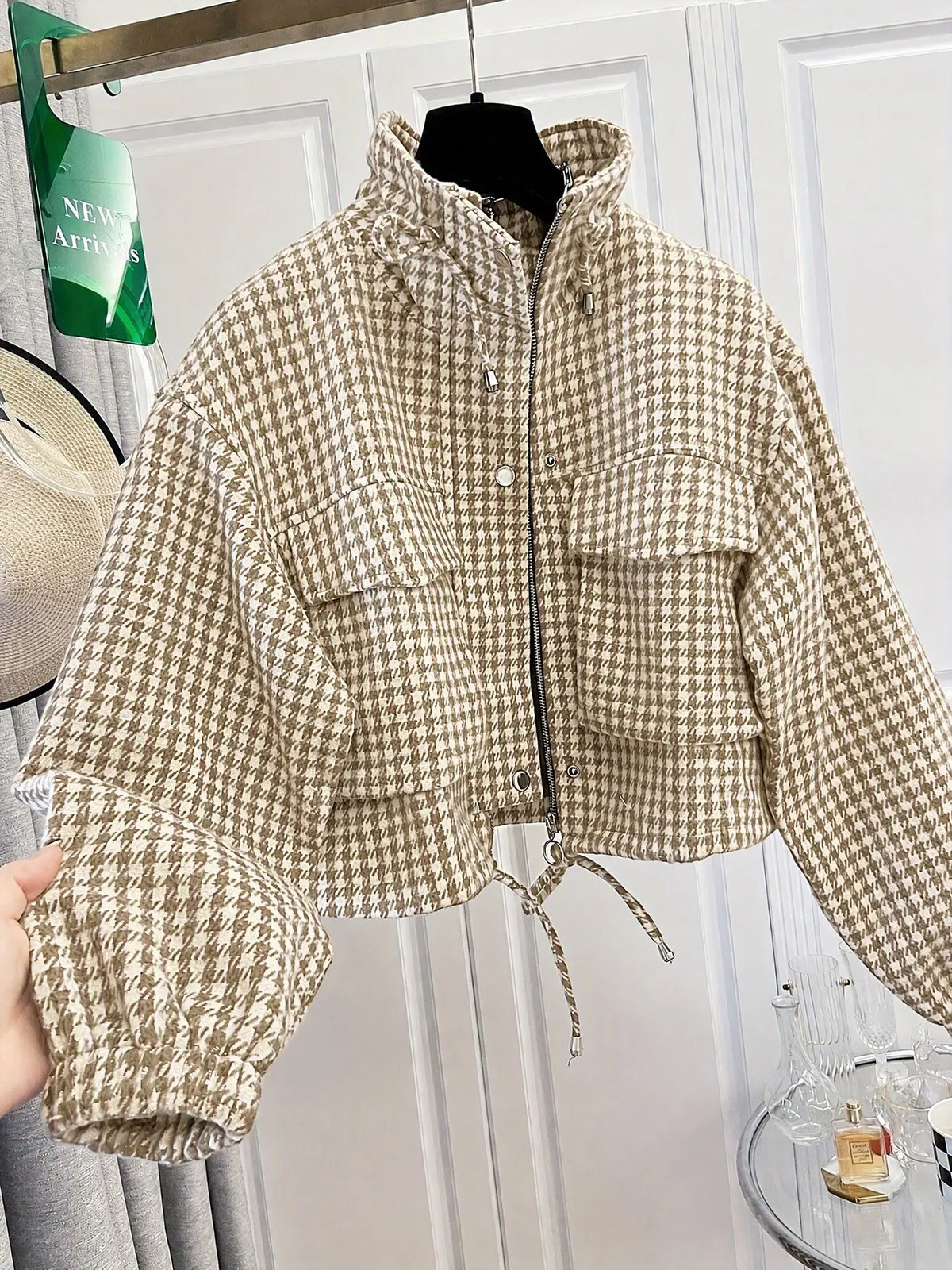 Women'S Fashion Retro Plaid Stand Collar Short Coat, Drawstring Design, Zipper Front, Perfect for Fall Winter Daily Holiday Outing