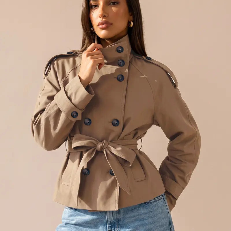 Katch Me Chic Women'S Versatile Stand Collar Button-Up Trench Coat with Detachable Waist Belt, Cozy Windproof Long Sleeve Outerwear for Fall & Winter, Commuter Solid Color Daily Outfit #Tiktokmademebuyit #Sohochic #Windbreaker