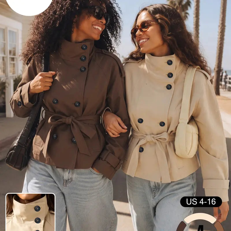 Katch Me Chic Women'S Versatile Stand Collar Button-Up Trench Coat with Detachable Waist Belt, Cozy Windproof Long Sleeve Outerwear for Fall & Winter, Commuter Solid Color Daily Outfit #Tiktokmademebuyit #Sohochic #Windbreaker