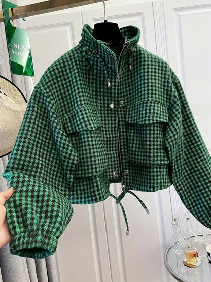 Women'S Fashion Retro Plaid Stand Collar Short Coat, Drawstring Design, Zipper Front, Perfect for Fall Winter Daily Holiday Outing