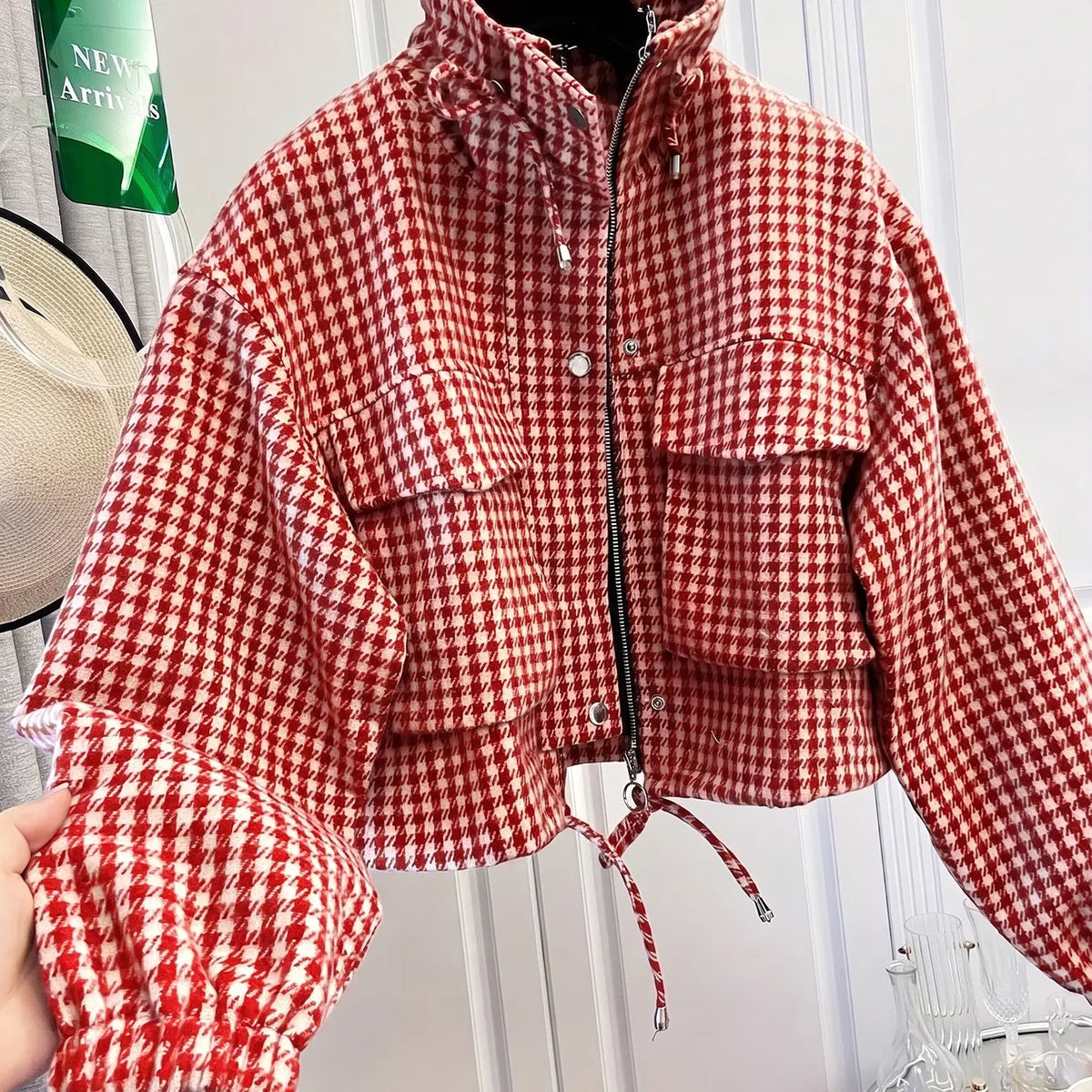 Women'S Fashion Retro Plaid Stand Collar Short Coat, Drawstring Design, Zipper Front, Perfect for Fall Winter Daily Holiday Outing