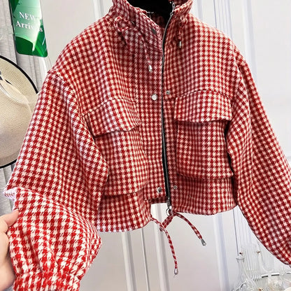 Women'S Fashion Retro Plaid Stand Collar Short Coat, Drawstring Design, Zipper Front, Perfect for Fall Winter Daily Holiday Outing