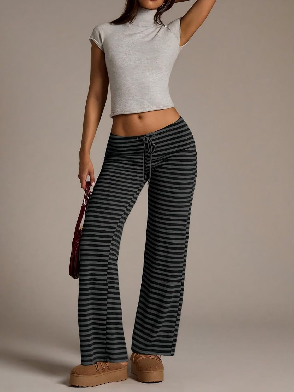 Women'S Flared Knit Pants High Waisted Wide Leg Striped Lounge Bottoms Soft Stretchy