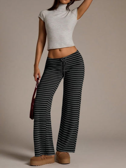 Women'S Flared Knit Pants High Waisted Wide Leg Striped Lounge Bottoms Soft Stretchy