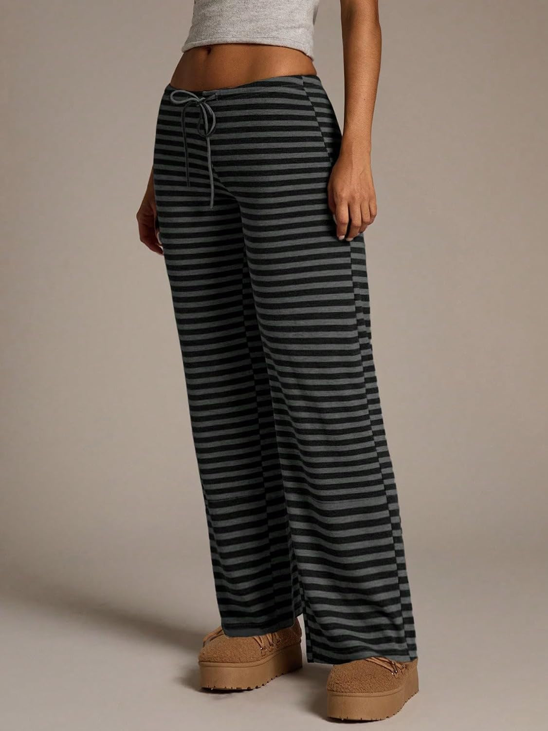Women'S Flared Knit Pants High Waisted Wide Leg Striped Lounge Bottoms Soft Stretchy