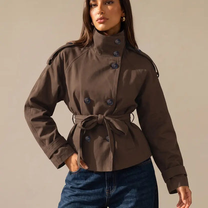 Katch Me Chic Women'S Versatile Stand Collar Button-Up Trench Coat with Detachable Waist Belt, Cozy Windproof Long Sleeve Outerwear for Fall & Winter, Commuter Solid Color Daily Outfit #Tiktokmademebuyit #Sohochic #Windbreaker