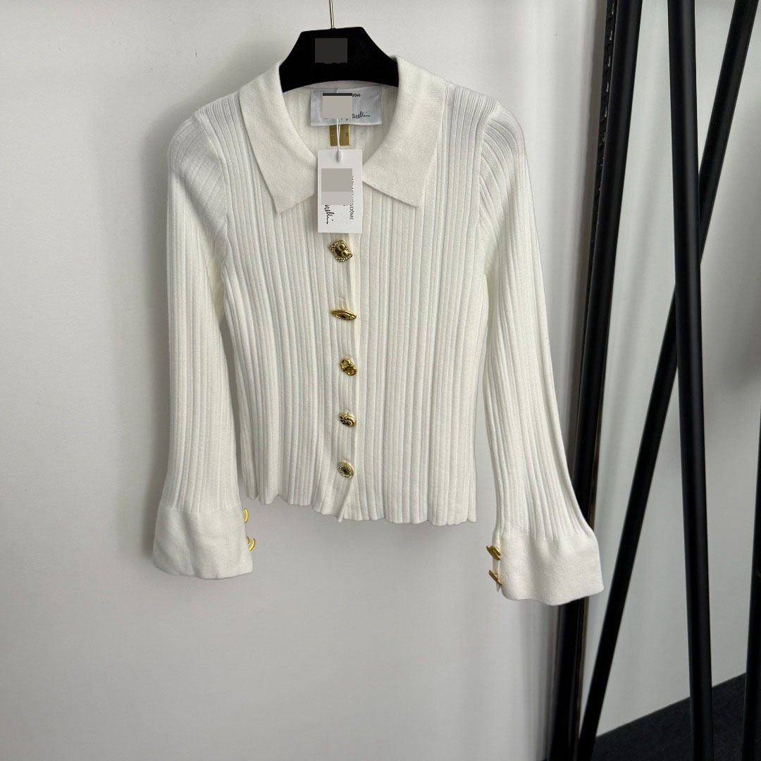2025 High-End Gold Button Trumpet Long-Sleeved Lapel Knitted Cardigan Top 20256555